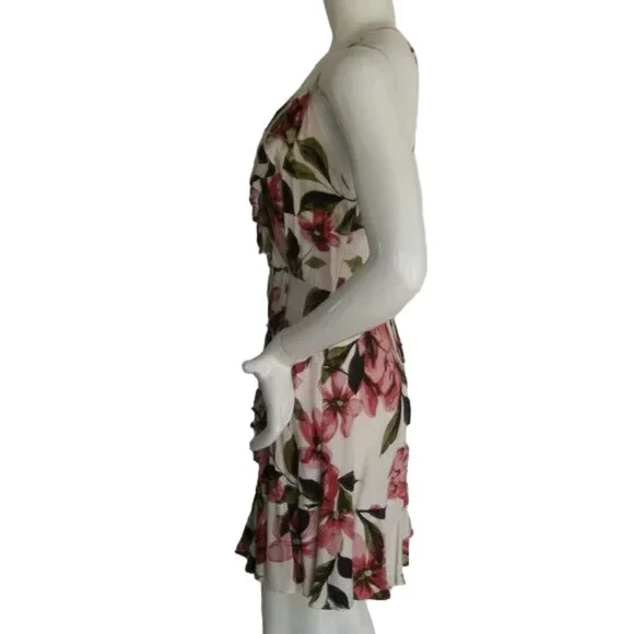 new OLIVACEOUS Mini Dress, L, White Floral, Ruffle, Surplice, Lace-up Back - Picture 9 of 14
